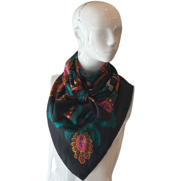 Diane Von Furstenberg Colorful Black Multi Paisley and Plaid Square Silk Scarf - Picture 5 of 15